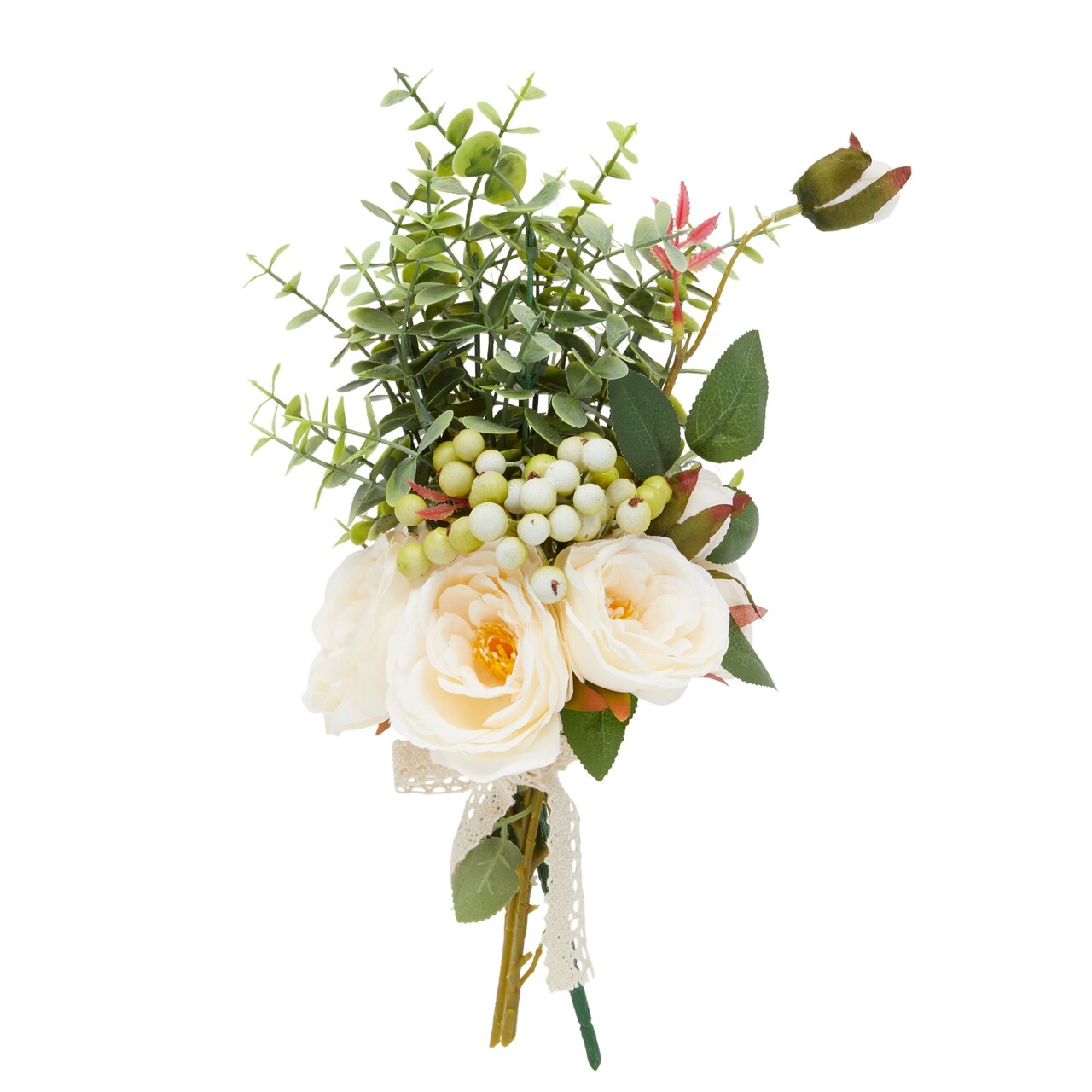 Champagne Silk Roses, Eucalyptus and Berry Bridal Bouquet, Wedding Centerpiece (15.7x7 In)
